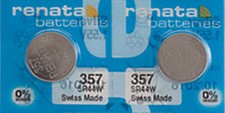 2 x Renata 357 Watch Batteries, 0 MERCURY equivalent SR44W, Swiss Made