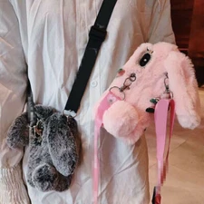 Cross-body Cute Bunny Bling Glitter Plush Rabbit Fur Lanyard Back Case Cover