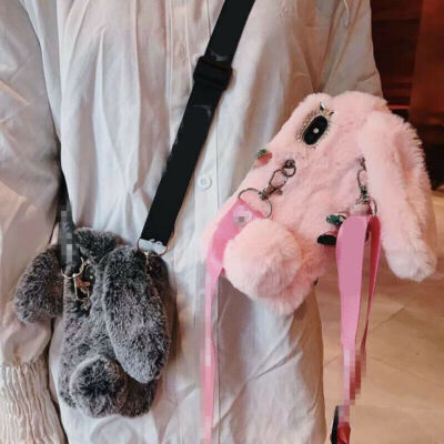 Cross-body Cute Bunny Bling Glitter Plush Rabbit Fur Lanyard Back Case Cover