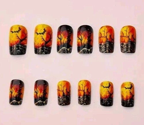 Halloween Fingernails Trees, Bats, Spooky Middle Length Black & Orange Reusable - Picture 3 of 6