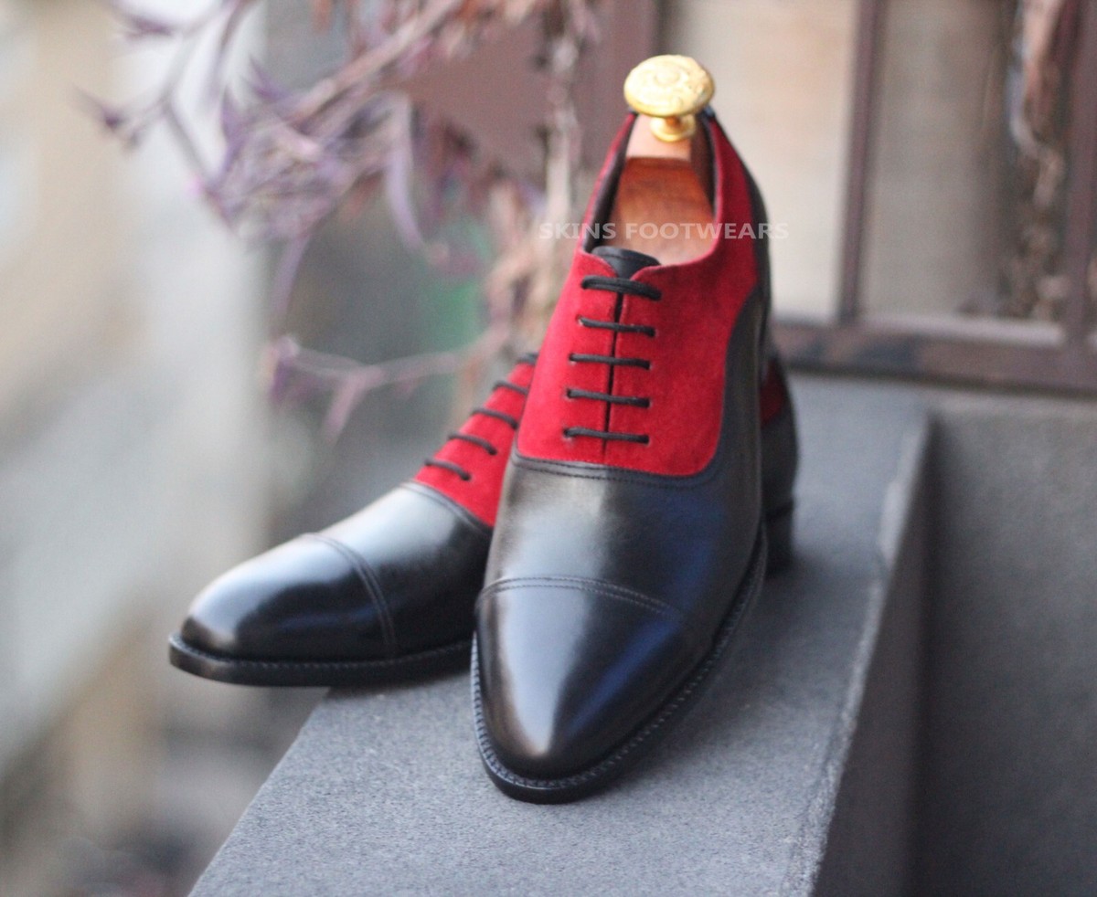 New Men's Handmade Black Leather Red Suede Toe Cap Oxford Lace up Dress  Shoe Men