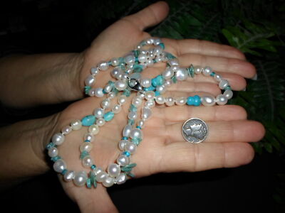 Vintage - HONORA - freshwater PEARL + turquoise beads NECKLACE - Sterling clasp