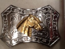 Vintage Metal Belt Buckle two tone color Horse Head Motif Free Shipping 
