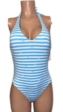 Barbie Womens One Piece Blue Striped Logo Swimsuit Nwts S Costume Party 80 s
