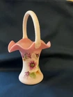 Fenton Pink & White Satin Glass Floral Basket w/ Handle, Ruffled Rim, 6" Tall