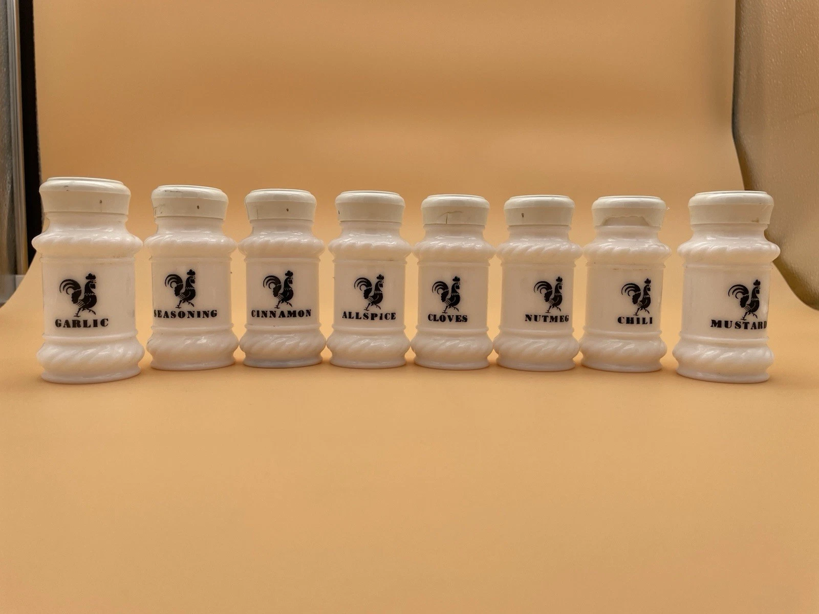 Vintage Hazel Atlas Milk Glass Rooster Spice Jars Shakers Set Of 8
