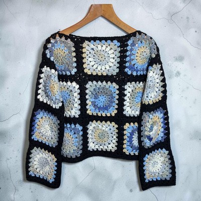 Granny Square Häkeln Pullover Jacke Crochet Knit Boho Hippie Strick Pullover M-L
