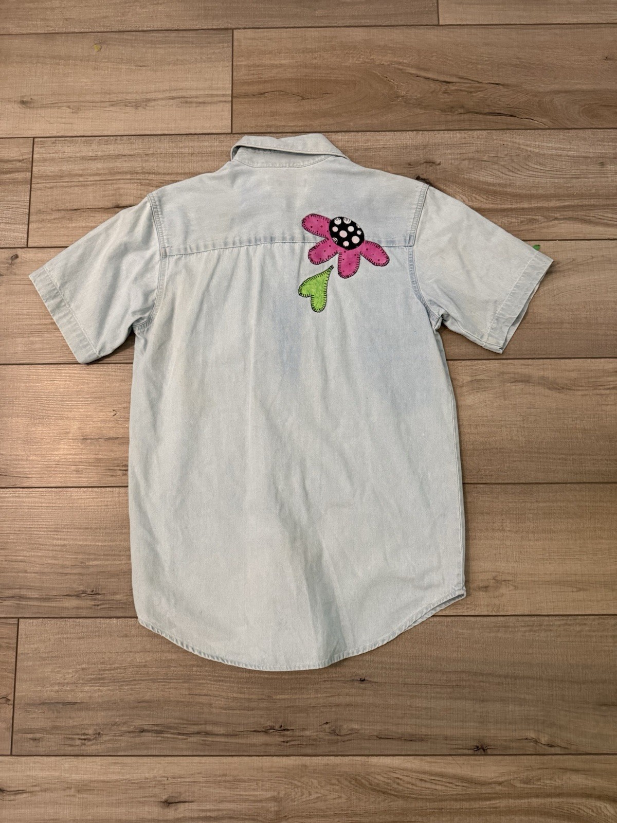 Jerzees Lightweight Denim Button Down Floral Patc… - image 4