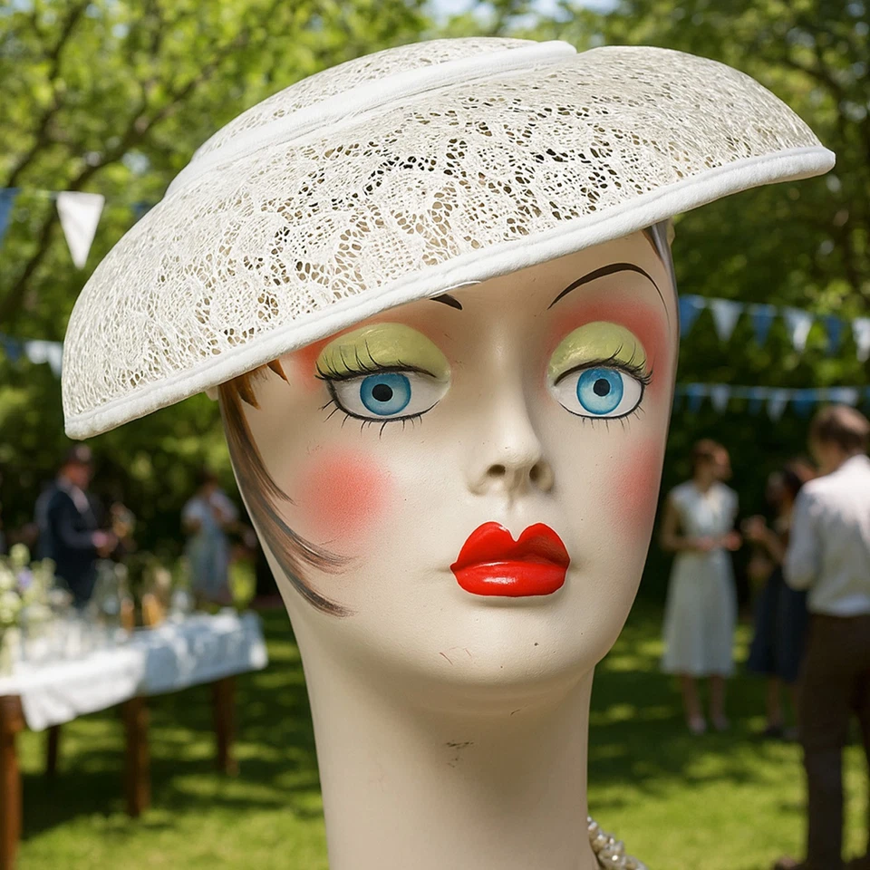 Vintage Ivory Lace Platter Hat 50s Wide Brim Wedding or Garden Party - Hey Viv - Image 2 of 4