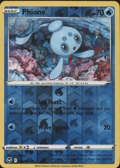 Phione 045/195 Rare Silver Tempest Pokemon Reverse Holo Near Mint