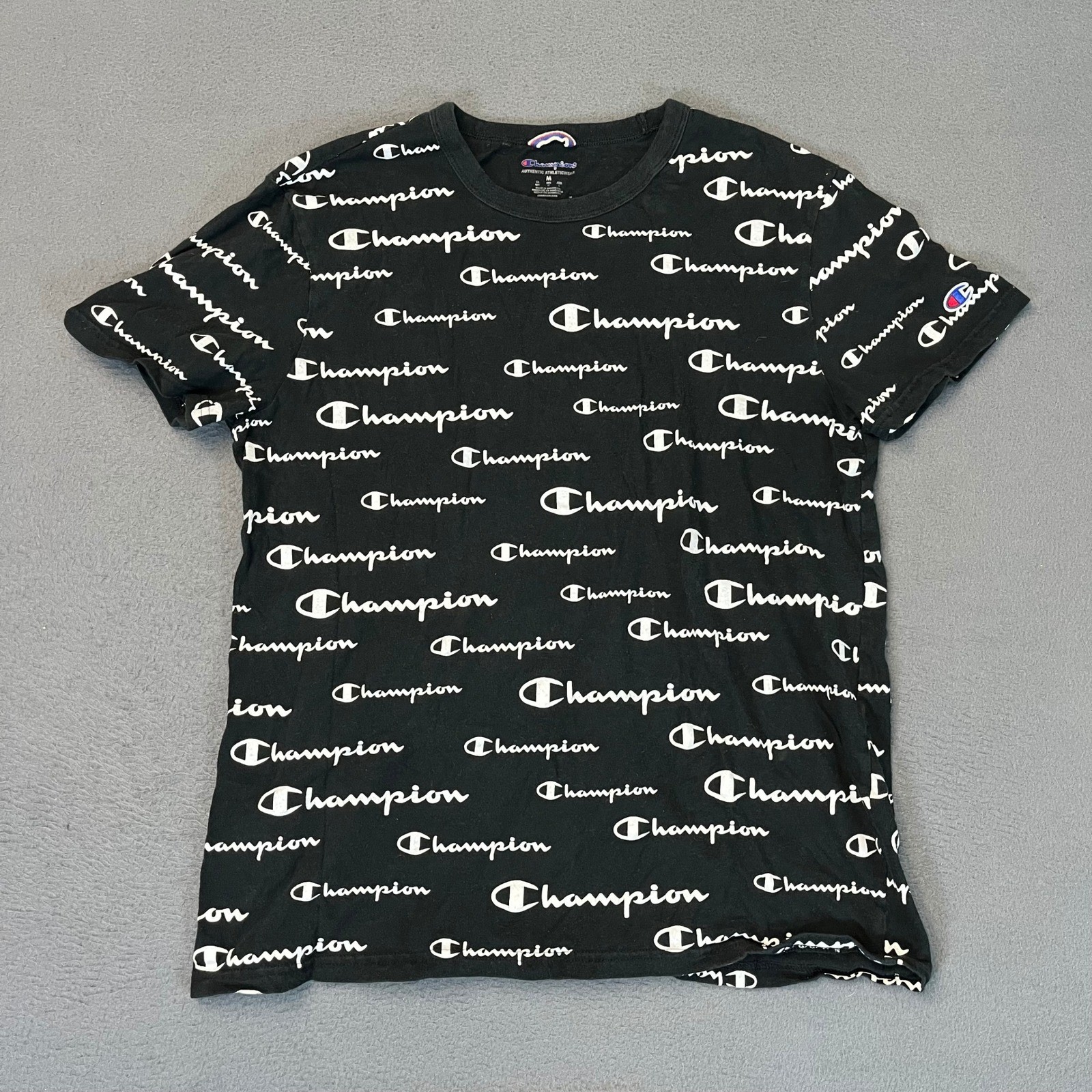 Champion Mens Medium Script All Over Print Logo T-Shirt Black White Athleticwear
