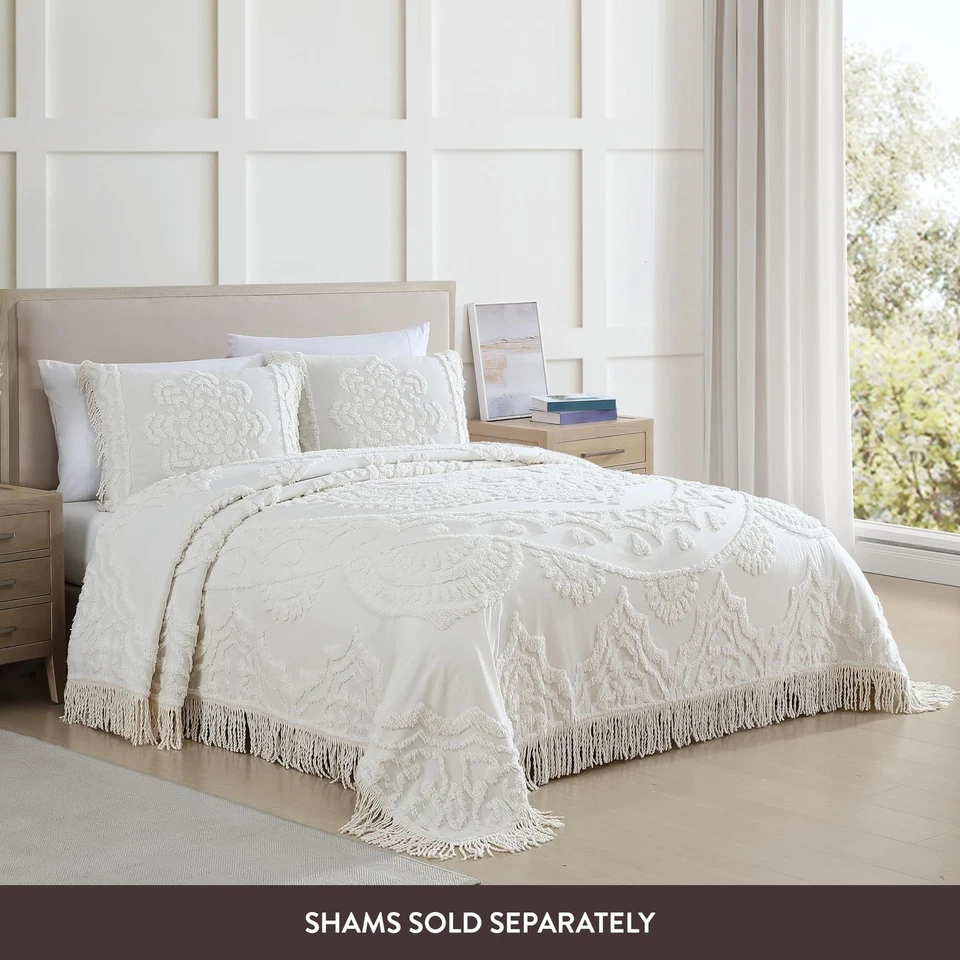 King, Ivory, Lotus Medallion 100% Cotton Chenille Bedspread, Soft, Cozy, Ligh... - Image 3 of 4