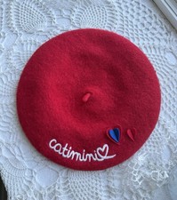 Sombrero boina de lana roja Catimini nuevo con etiquetas diseñador francés apliques de corazón ribete de cinta 54 cm