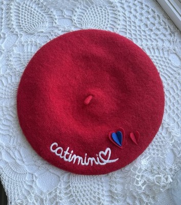 Catimini Red Wool Beret Hat NWT French Designer Heart Applique Ribbon Trim 54cm