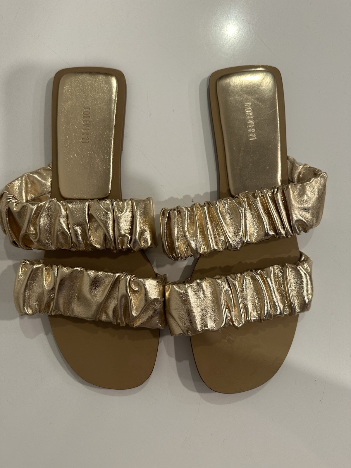 Forever 21 Gold Metallic Ruched Slides Women's Size 9 Slip On Sandals Open Toe