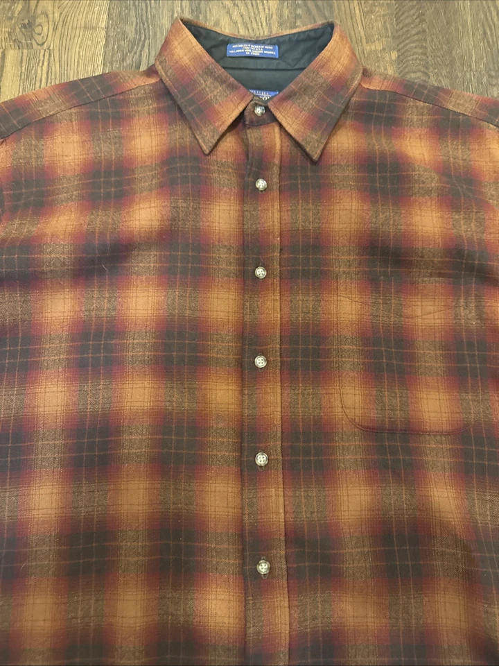 Men’s Pendleton 100% Virgin Wool Plaid Button-Up Shirt – L – Burnt Orange Black - Image 3 of 4