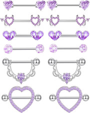 6 Pairs Nipple Rings Stainless Steel Heart Butterfly Moon Flower CZ Stud Barbell