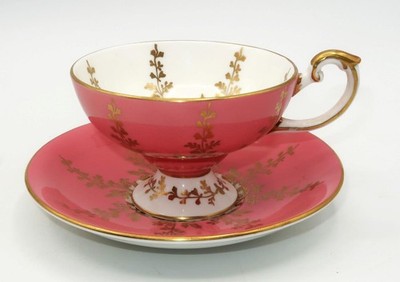 Vintage Aynsley 2878 Coffee or Tea Cup & Saucer Set Pink with Gold Hollyhocks