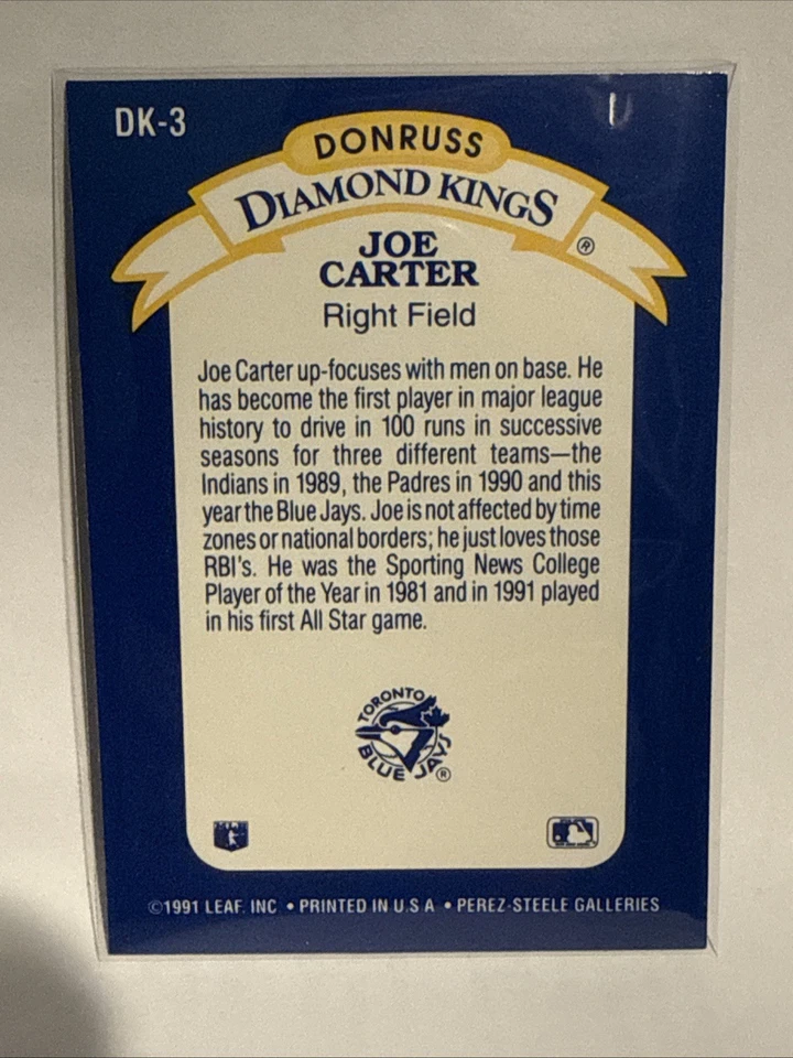 1992 Donruss - Diamond Kings Joe Carter #DK-3 - Image 2 of 2
