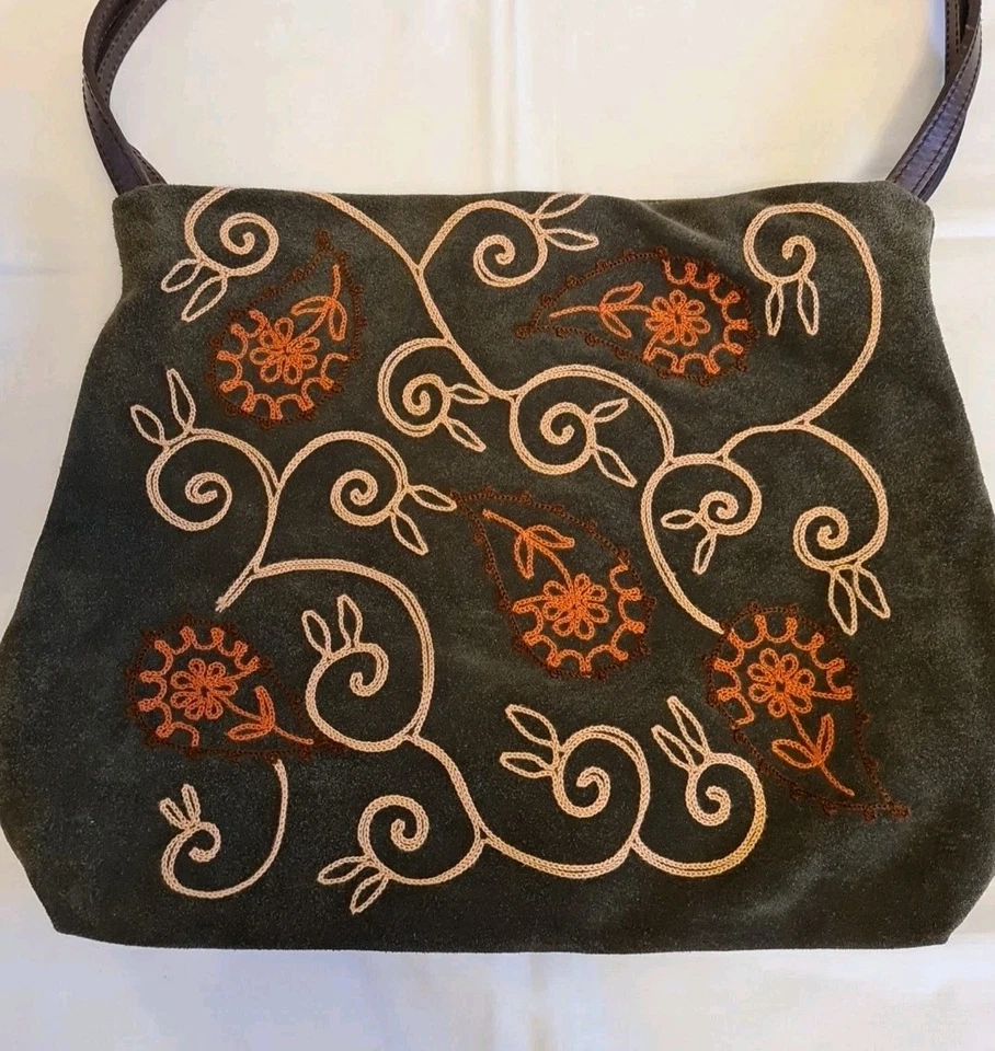 Vintage 80s Liberty Of London Green Embroidered Leather Hobo-style Shoulder Bag  - Image 2 of 4