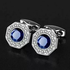 Gemello uomo zaffiro blu 1,50 ct tondo creato in laboratorio placcato oro bianco 14 carati