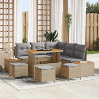 9-Teiliges Garten-Sofa Set Mit Kissen Beige Poly Rattan Akazie, 4-Teiliges Garte