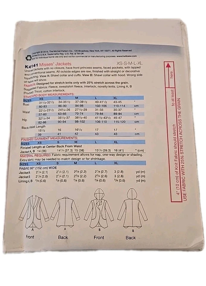 Kwik Sew K4141 By Kerstin Mastensson Misses' Jackets XS To XL Uncut - Image 2 of 3