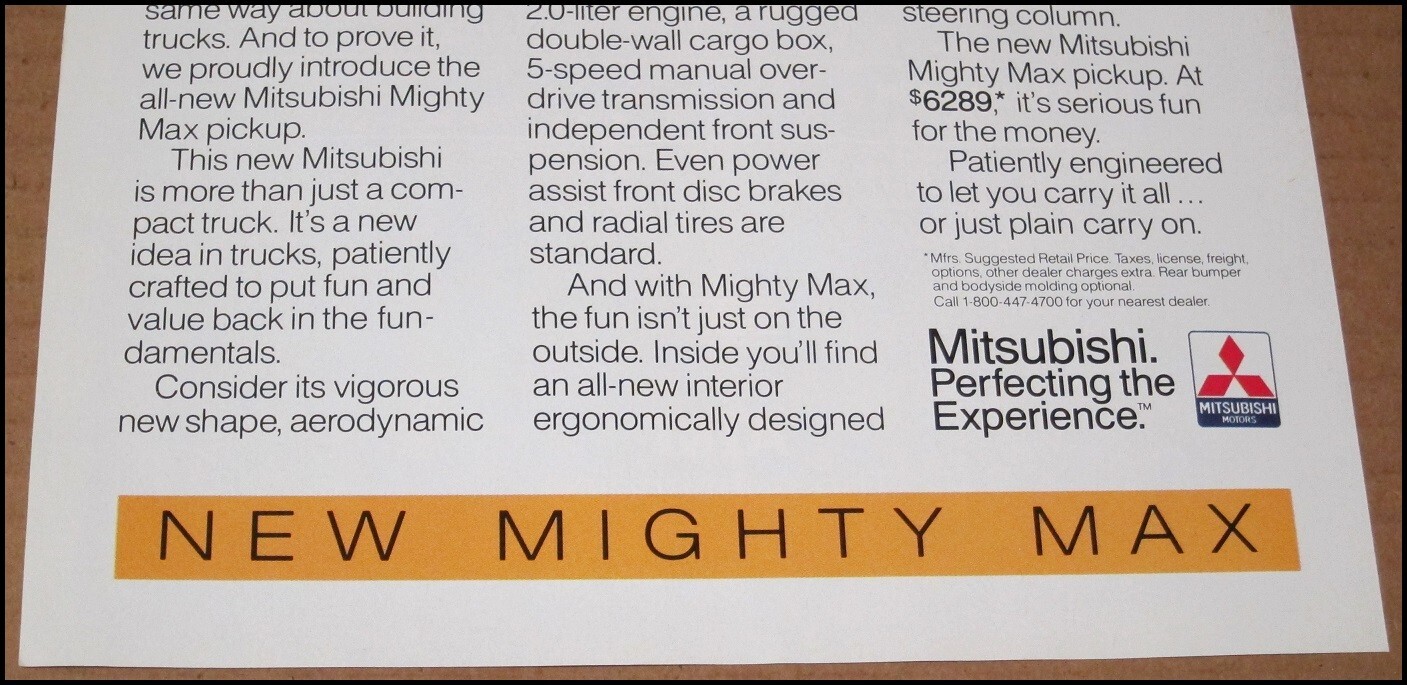 1987 Mitsubishi Mighty Max Print Ad Car Truck Auto Advertisement Vintage Pickup