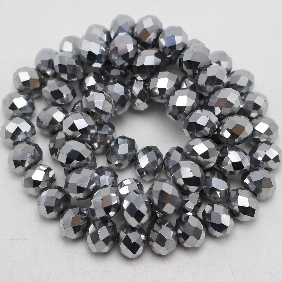 64pcs Silver 8X10mm Faceted Rondelle Beads Crystal Glass Beads Loose Spacer - Image 3 of 4