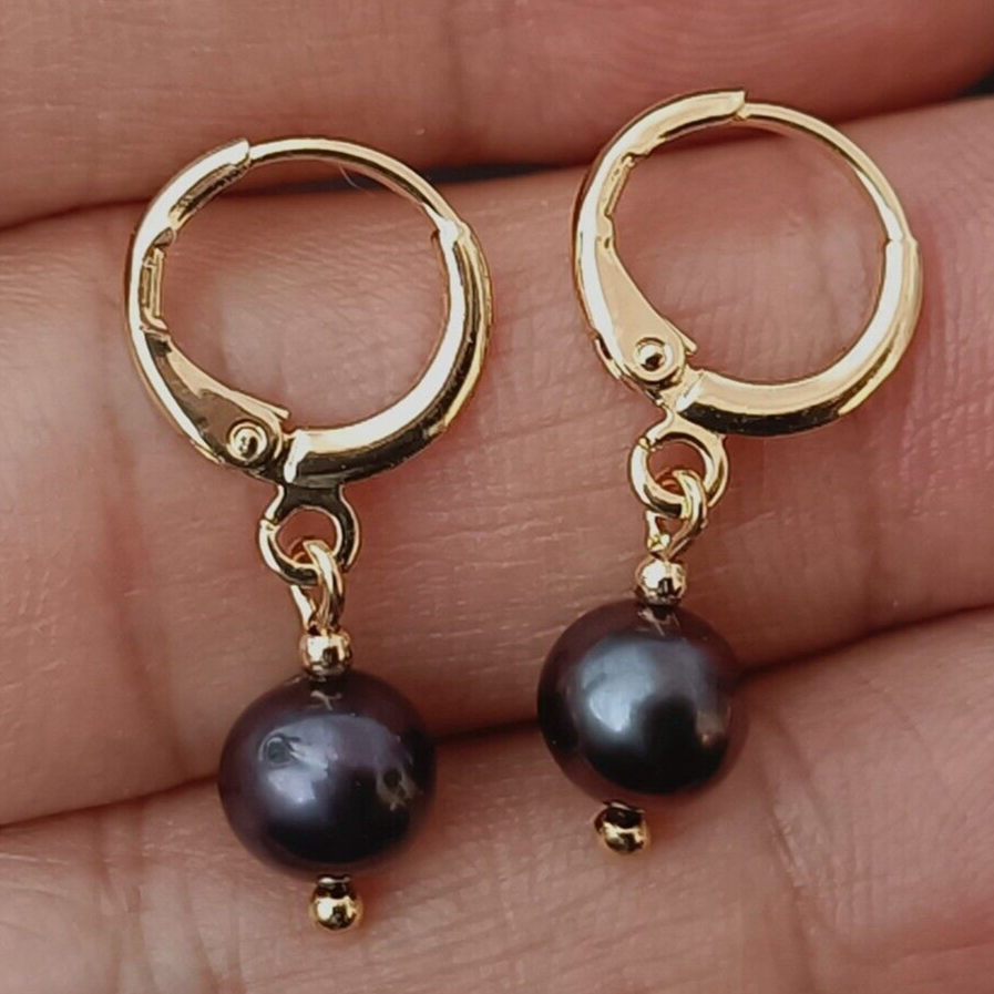Freshwater Black Pearl Hoop Earrings Ear Daily 14K Huggies Dangle