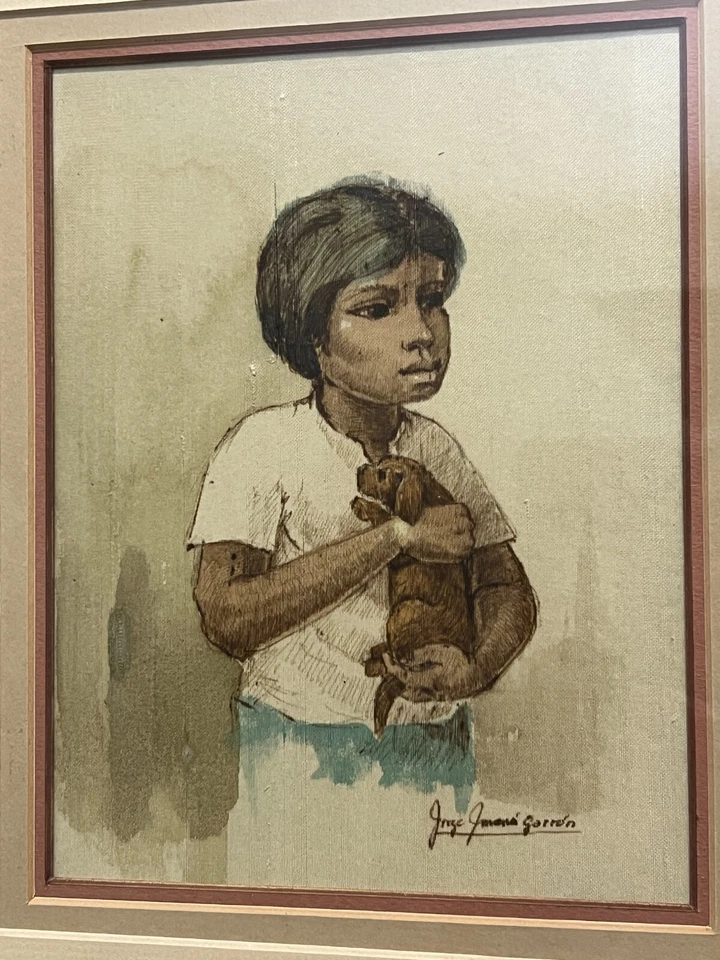 Dibujo a tinta sepia original Jorge Imana Garrón, niño con amapola, firmado, enmarcado Foto 3 de 4