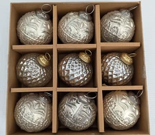 Tinsel and Fir Red Kugel Style SILVER Glass Heavy Christmas Ornaments Set of 9