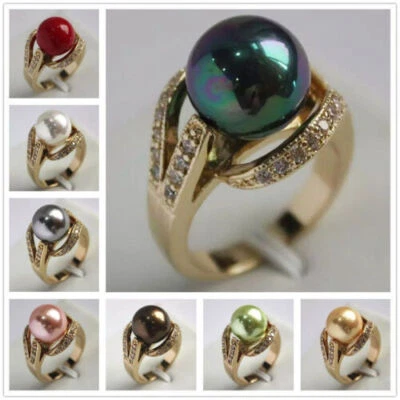 Anillo de piedras preciosas con cuentas redondas de perlas concha del mar del Sur de 12 mm tamaño 6 7 8 9 Foto 1 de 4