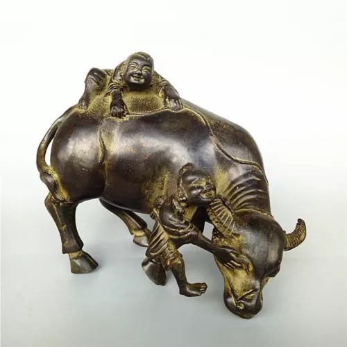 Bronze Ornaments Cowherd Boy Feng Shui Supplies Antiques Ox Statues desk decor - Picture 1 of 10