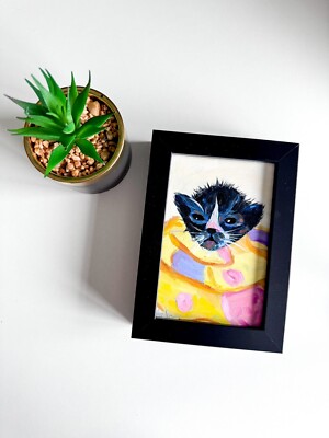 Katze Ölgemälde - MINI GERAHMT Kätzchen Original Realismus Kunstwerk Verkauf Wohndeko