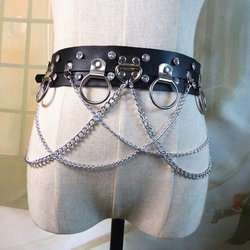 Punk Goth Black Faux Leather O-Ring Chains Harness Waist Belt |  M-XL NWT Women main image 4