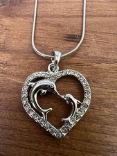 Dolphin Mom Baby Crystal Heart Pendant Charm Necklace 16 Inch Silver Snake Chain