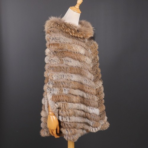 Women's Pullover Poncho Real Rabbit Fur Knitted Cape Shawl Raccoon Fur Collar - Picture 12 of 54