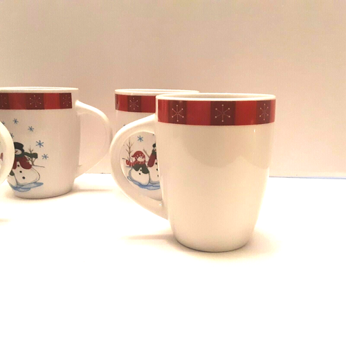 Christmas Holiday Mugs Cups Set of 4 Mr & Mrs Snowmen Snowflake Red 4.5" Snowman - Picture 5 of 5