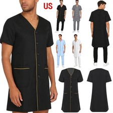 US Mens Medical Lab Scrub Coats Botton Up Short Sleeve Long Jacket with Pockets