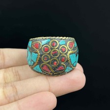 Lovely Turquoise Coral Stone Unique Vintage Tibetan vintage brass Ring