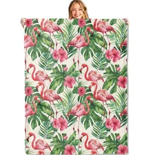Tropical Flamingo Throw Blanket,60x80in,Soft,Lightweight Flannel,Hibiscus and...