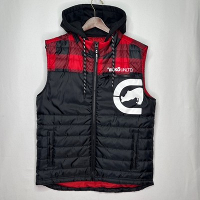 Ecko Unltd Mens M Black Red Puffer Vest Hooded Full Zip Streetwear