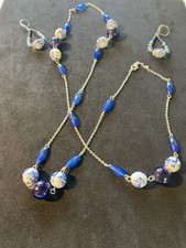 Vintage Blue Glass  Acrylic Bead Silver Tone Necklace And Matching Earrings