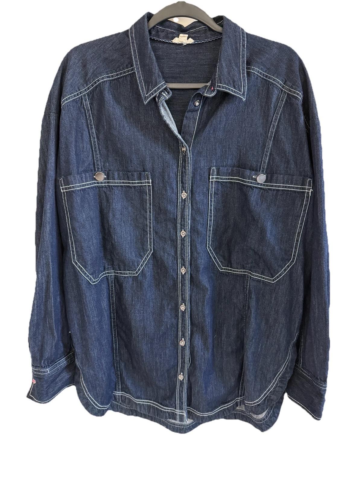 Anthropologie Pilcro Denim Button Up Shirt Oversized Raw Blue Jacket Womens M
