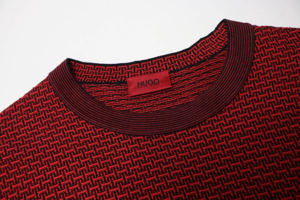 Hugo Boss Struck Jersey Hombre Rojo Grande Cuello Redondo Estampado Punto Jersey - Imagen 4 de 4