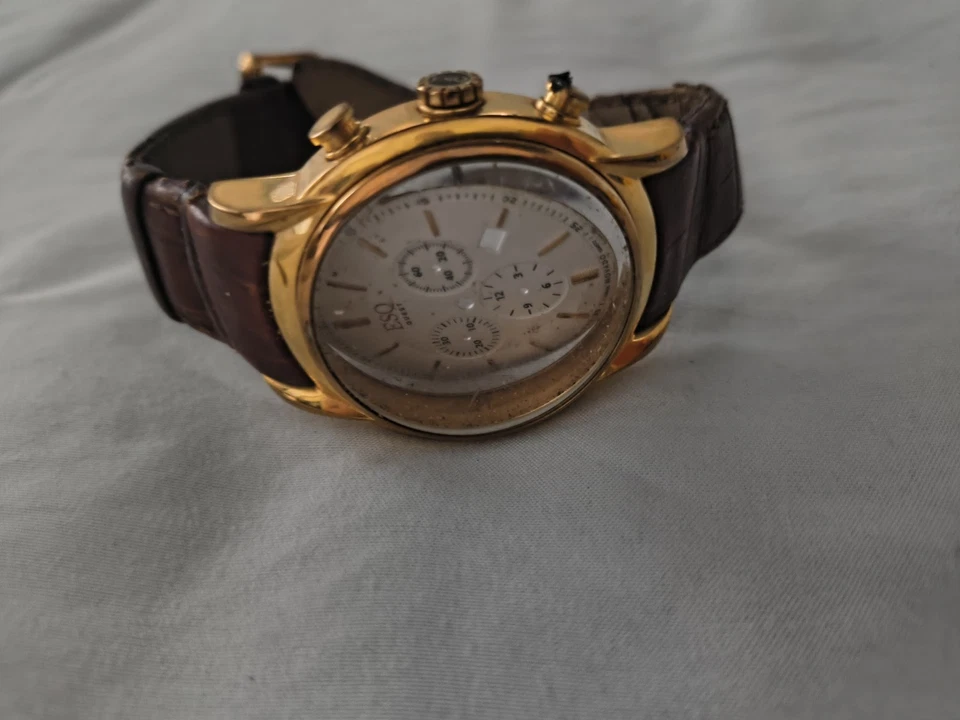 Мужской хронограф ESQ Swiss от Movado 36 мм позолоченный с белым циферблатом с датой кожаный ремешок - Изображение 2 из 4