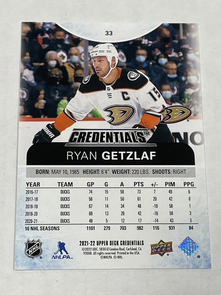 2021-22 Upper Deck Credentials Hockey #33 - Ryan Getzlaf - Anaheim Ducks - Image 2 of 2