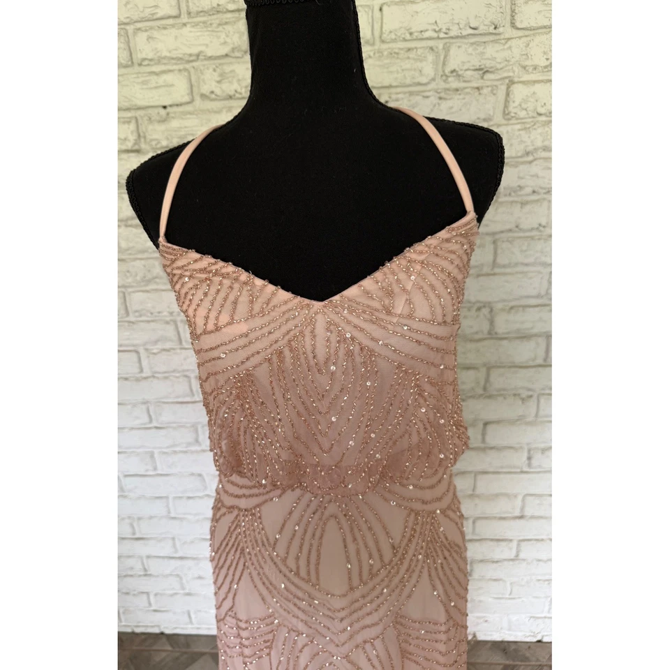 Adrianna Papell Blush Pink Beaded Halter Maxi Dress Formal Gown Size 0 - Image 2 of 4
