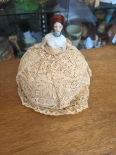Antique German Half Doll Pin Cushion / Wig Ladies Vanity Red Hair 